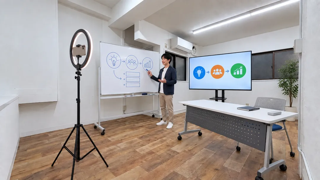 ホワイトボードの前で話す撮影のイメージ